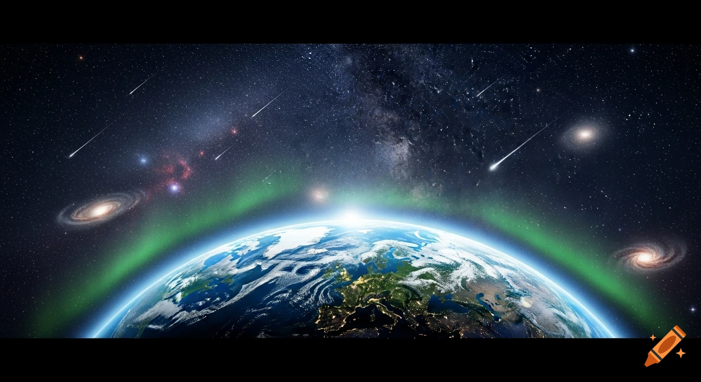 Realistic view of Earth from space with glowing aurora, shooting stars, and distant galaxies in the night sky.