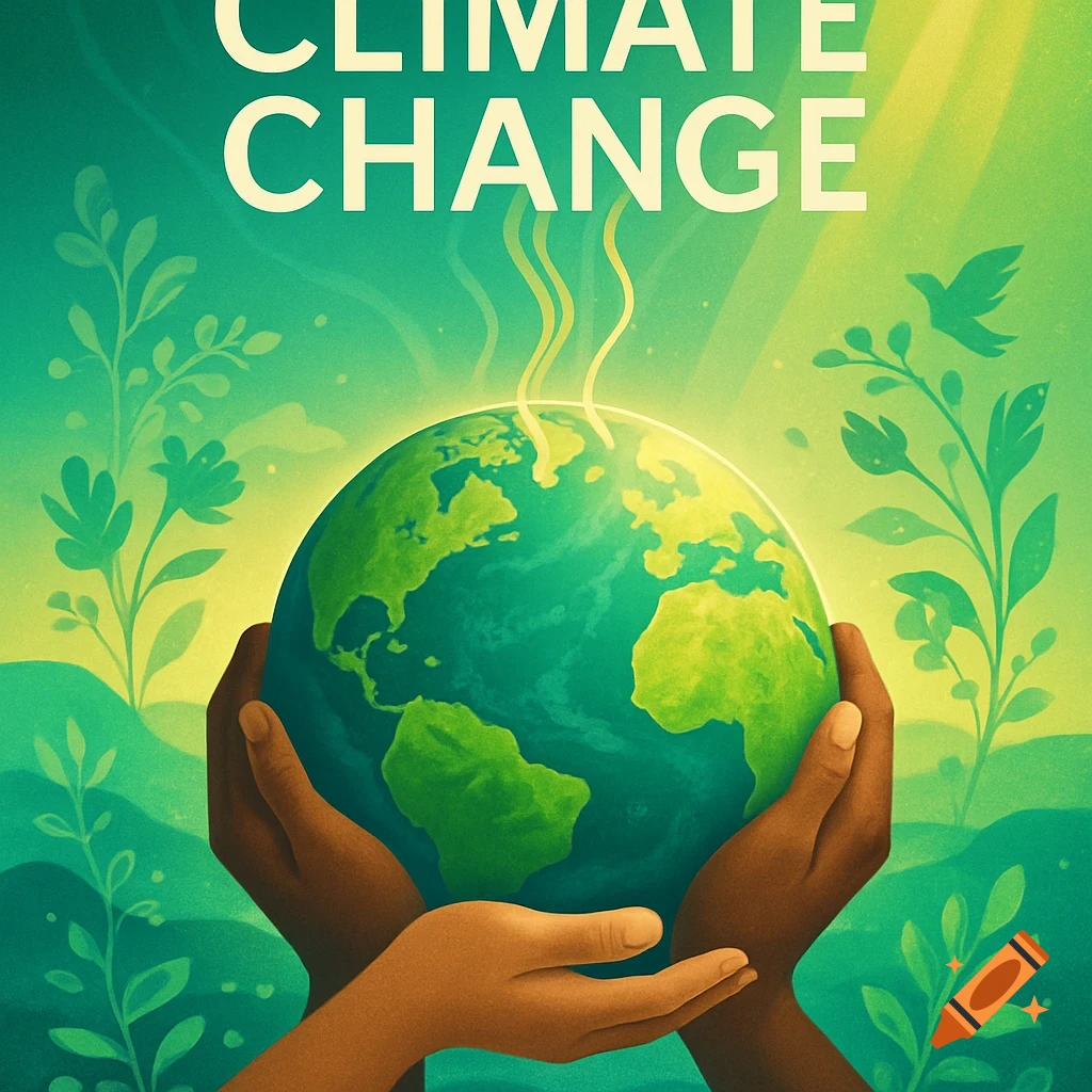 Two hands cradle a glowing globe with 'CLIMATE CHANGE' text above, surrounded by green foliage and light rays, in an illustration.