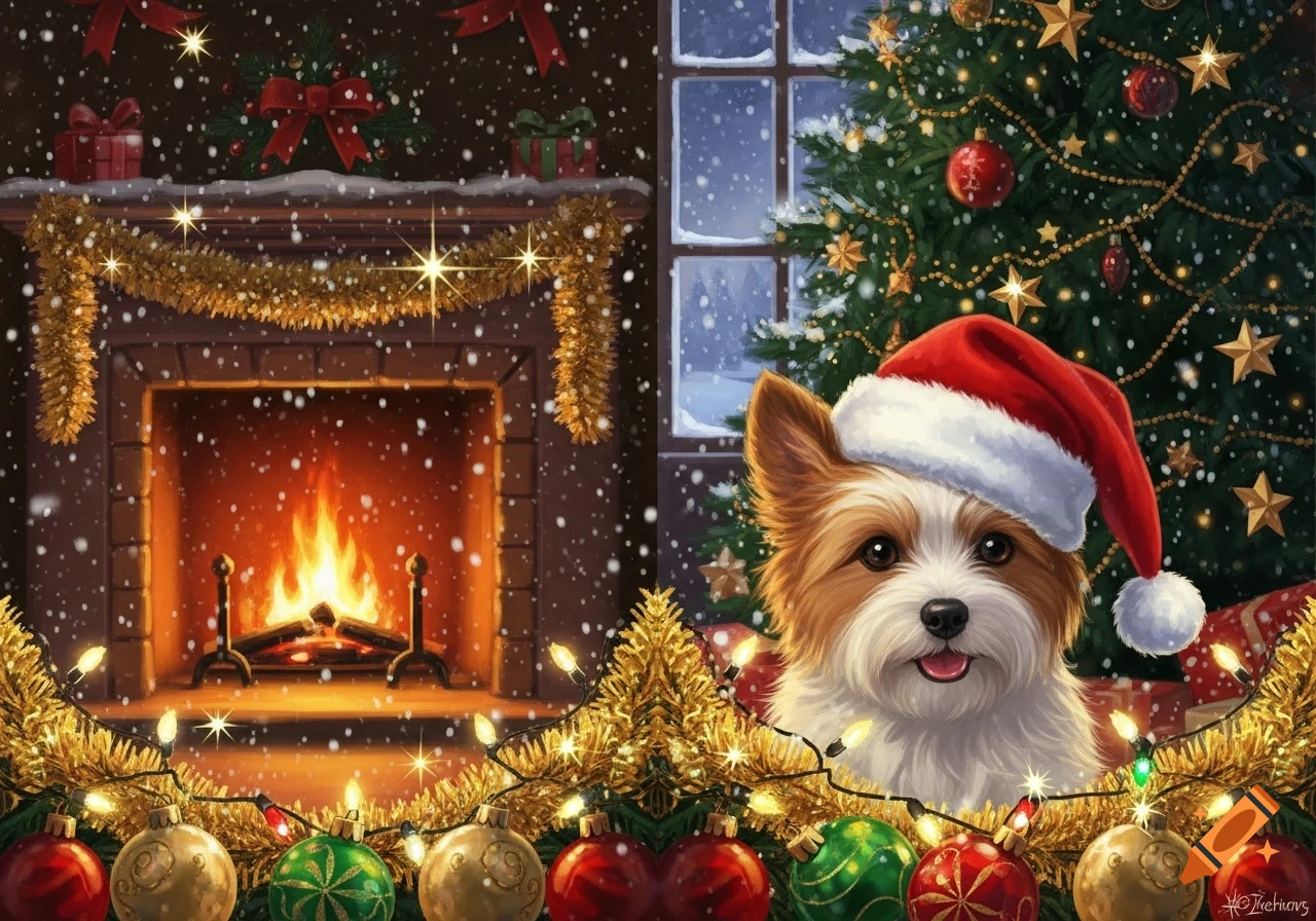 A cute white and brown dog wearing a Santa hat smiles, surrounded by Christmas ornaments and lights, in front of a fireplace and tree.