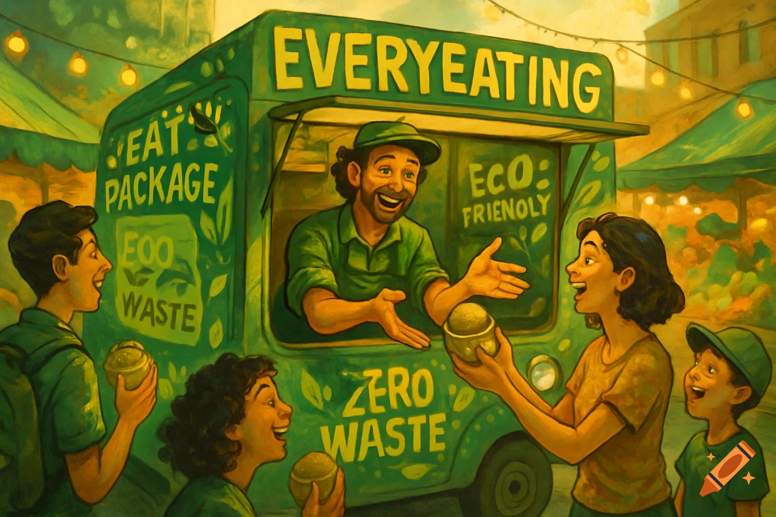 An illustration shows a man in a green food truck serving food from an edible container to happy customers, including a woman and a child. The truck is branded "EVERYEATING" with eco-friendly slogans.