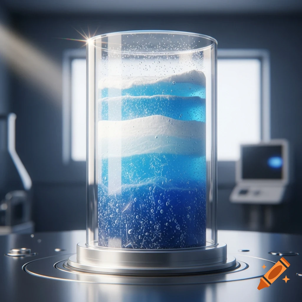 Close-up of a clear glass cylinder holding layers of blue and white bubbly ice core samples on a metallic lab surface.