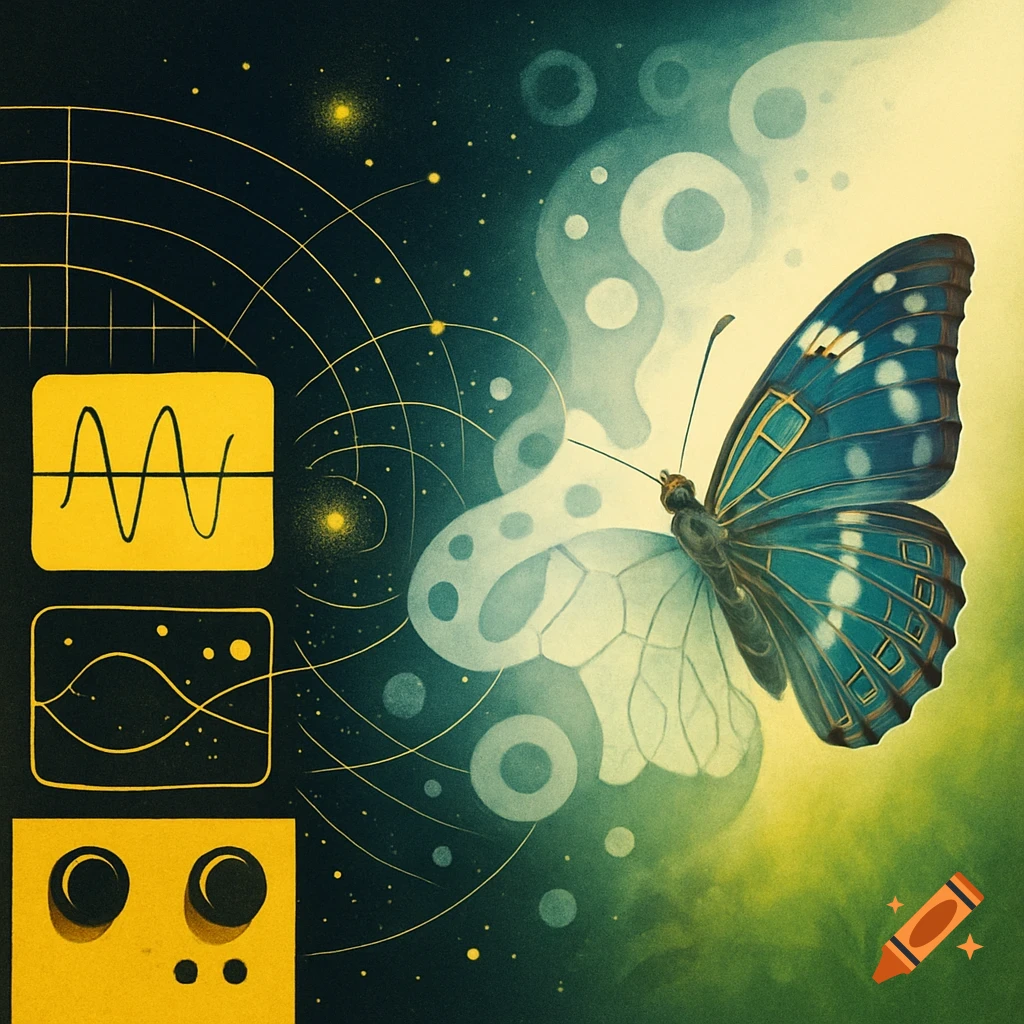 A blue butterfly on the right, blending from abstract scientific diagrams and organic shapes on a dark background to a soft green meadow.