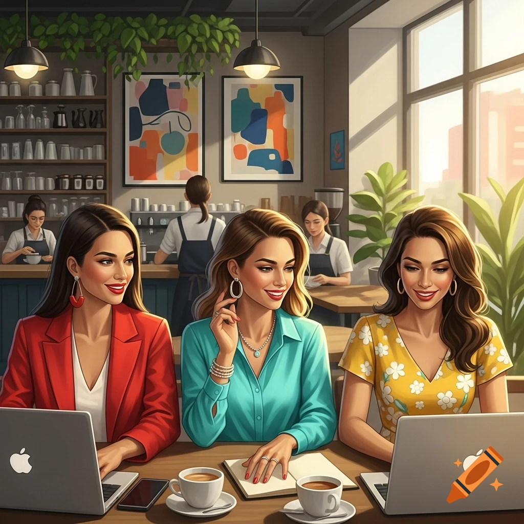 Three smiling women with laptops and coffee at a cafe table, in a modern illustration style.