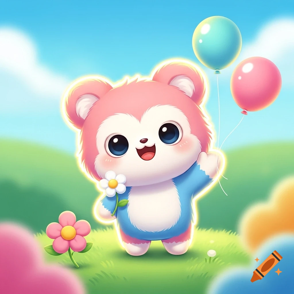 A cute pink and blue cartoon animal with big eyes holds a small white flower and two balloons in a sunny green field.
