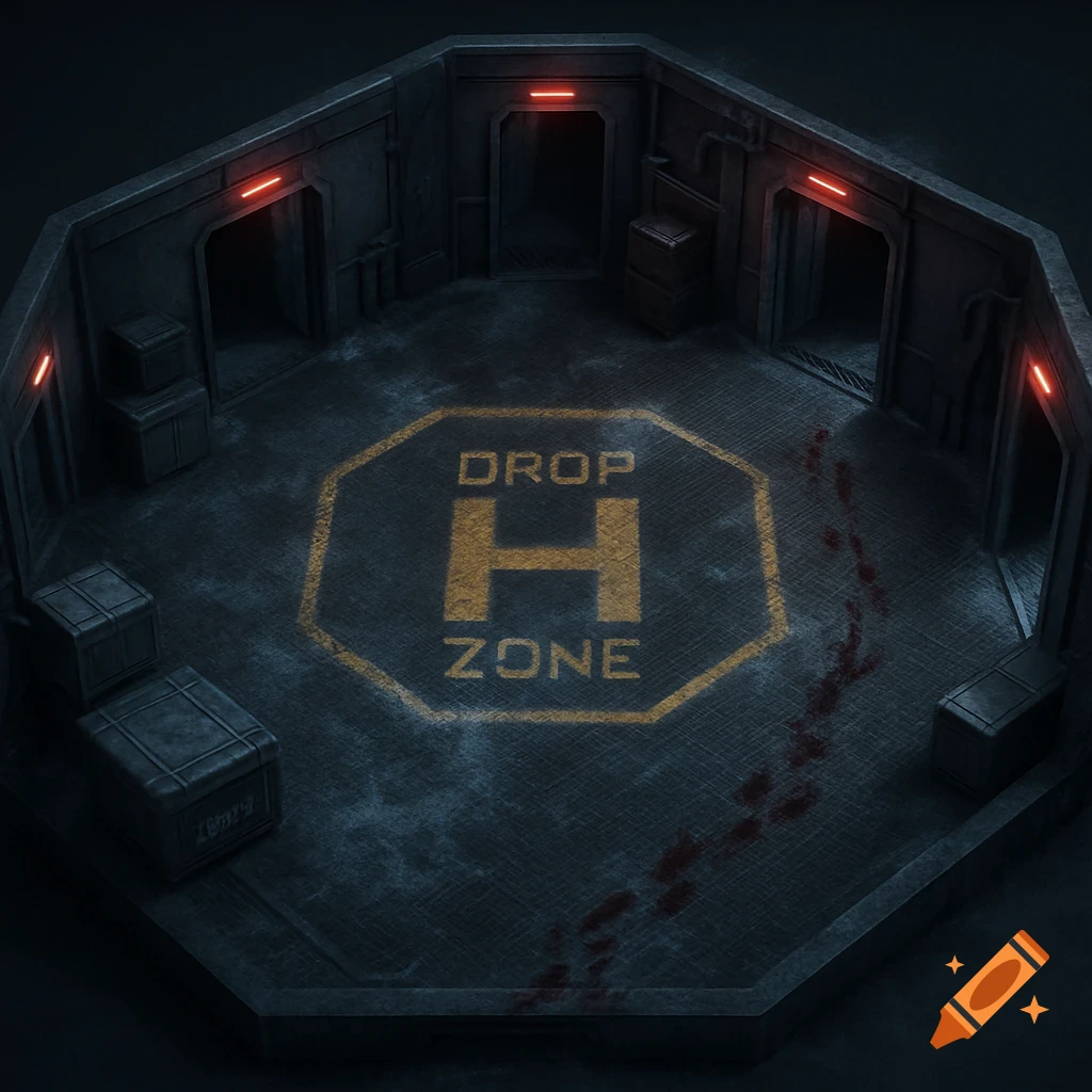 An isometric view of a dark, cold, industrial hexagonal room with "DROP H ZONE" painted on the floor, crates, red lights, and a trail of blood.