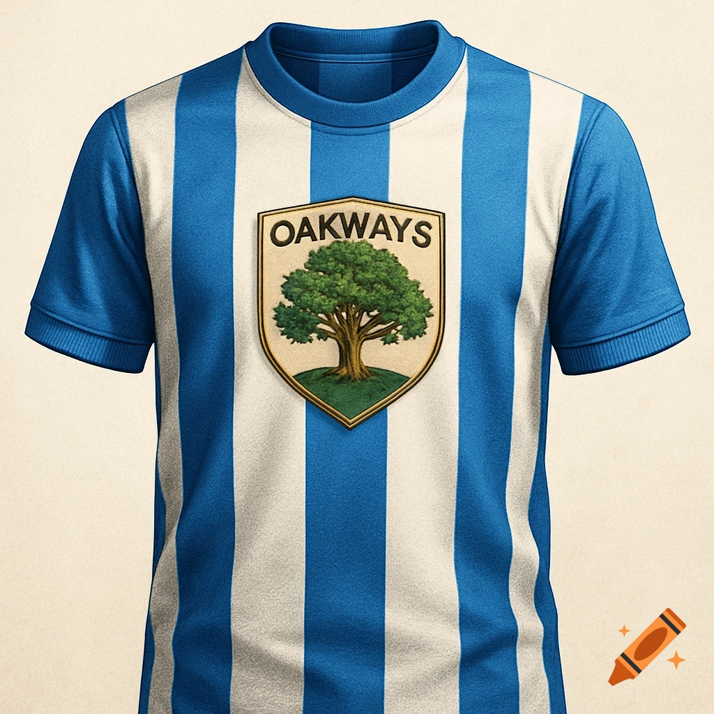 A blue and white vertical striped football shirt with an 'Oakways' badge featuring a large oak tree.