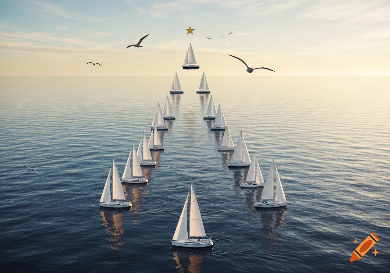 Sailboats arranged in a Christmas tree pattern on a calm sea at sunset, with seagulls flying.