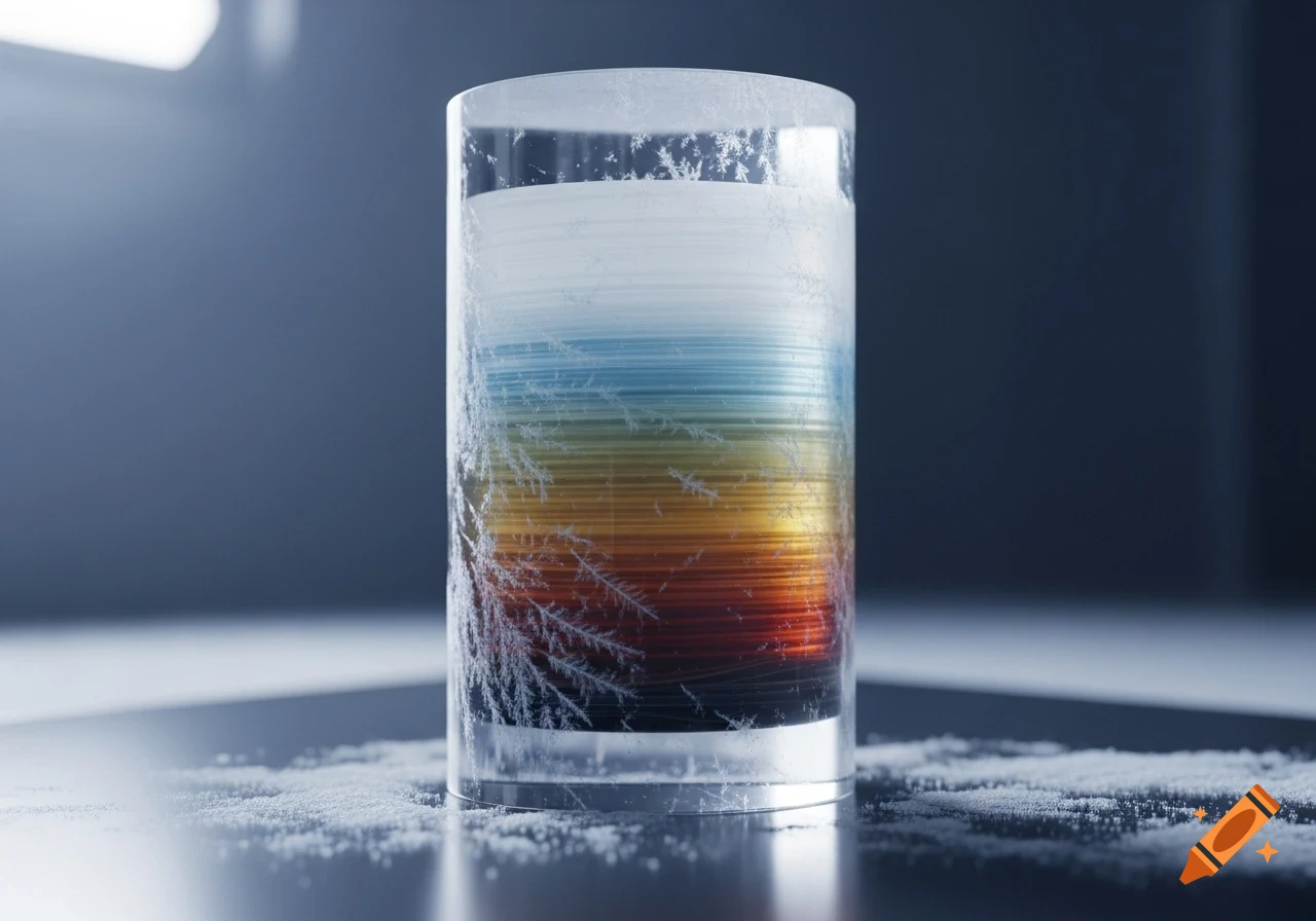 Photorealistic image of a cylindrical ice core sample with horizontal colorful layers and frost on its surface.