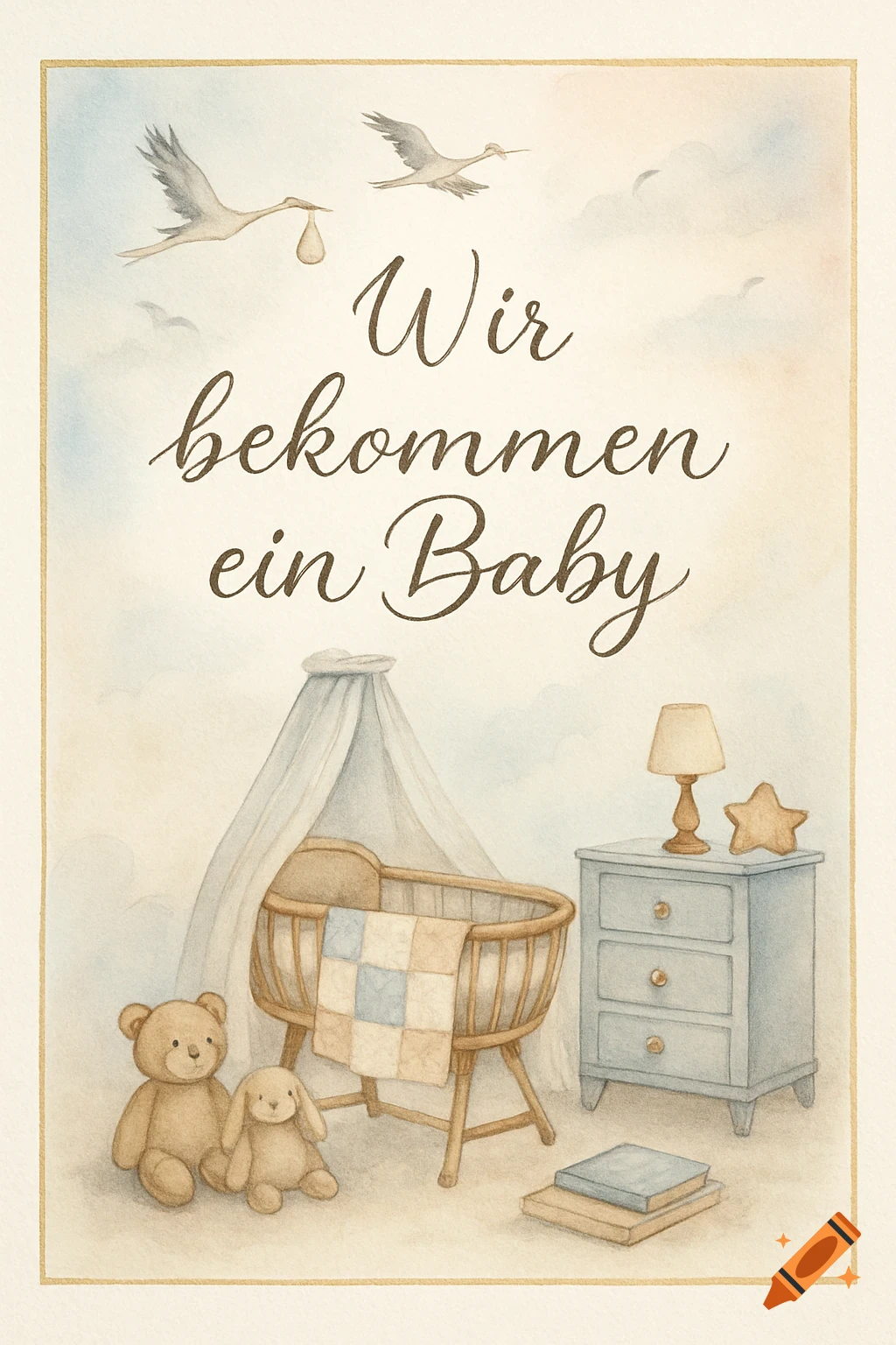 Watercolor illustration of a baby announcement card featuring flying storks, a baby crib, plush toys, and the German text 'Wir bekommen ein Baby'.