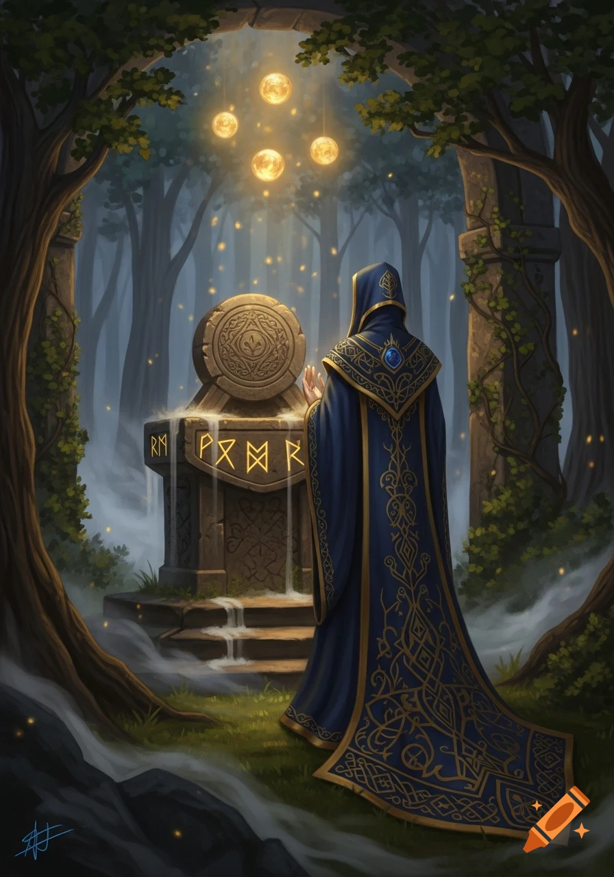 A robed figure with a blue and gold cloak stands before an ancient ...