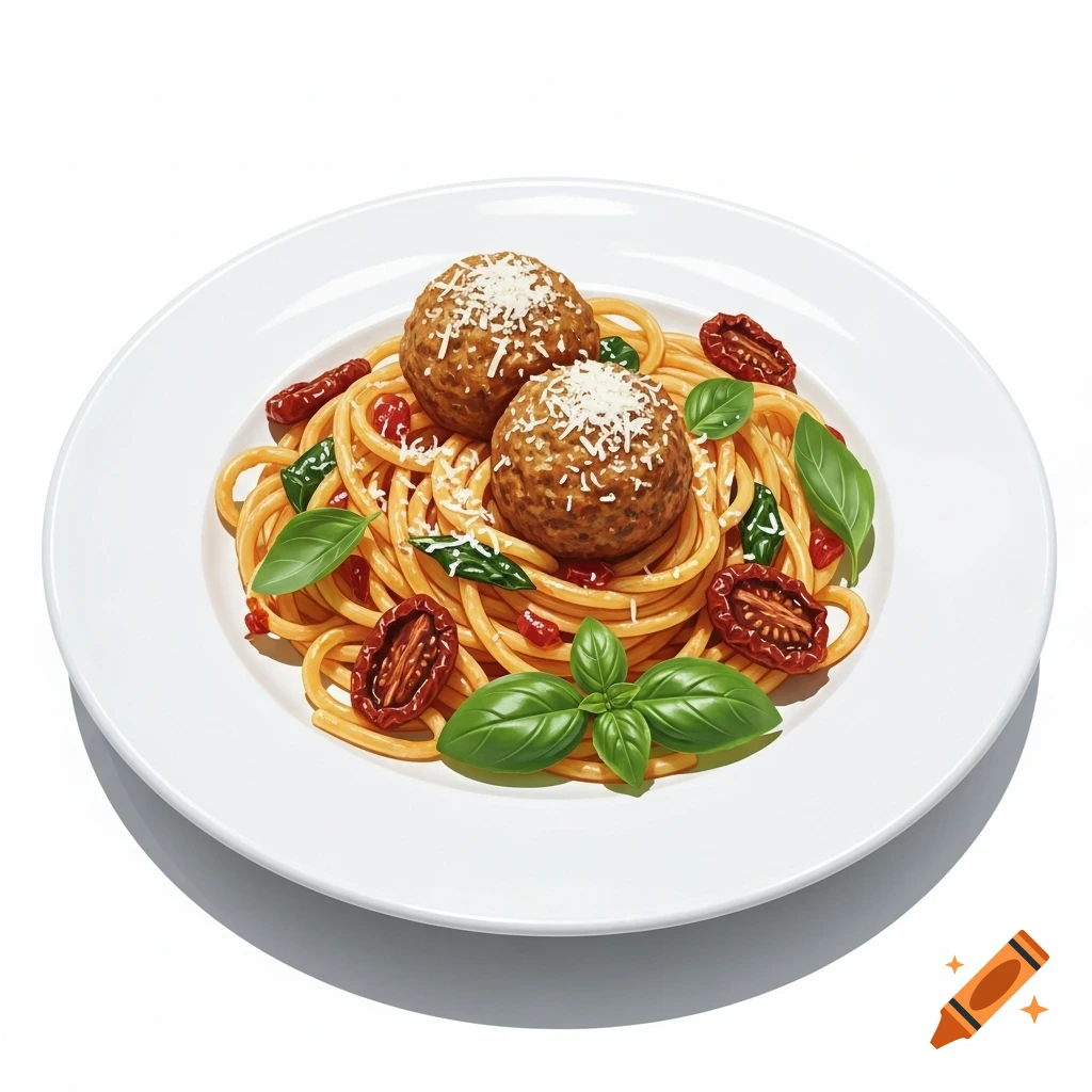 Stylized spaghetti and meatballs with basil, sun-dried tomatoes, and grated cheese on a white plate.