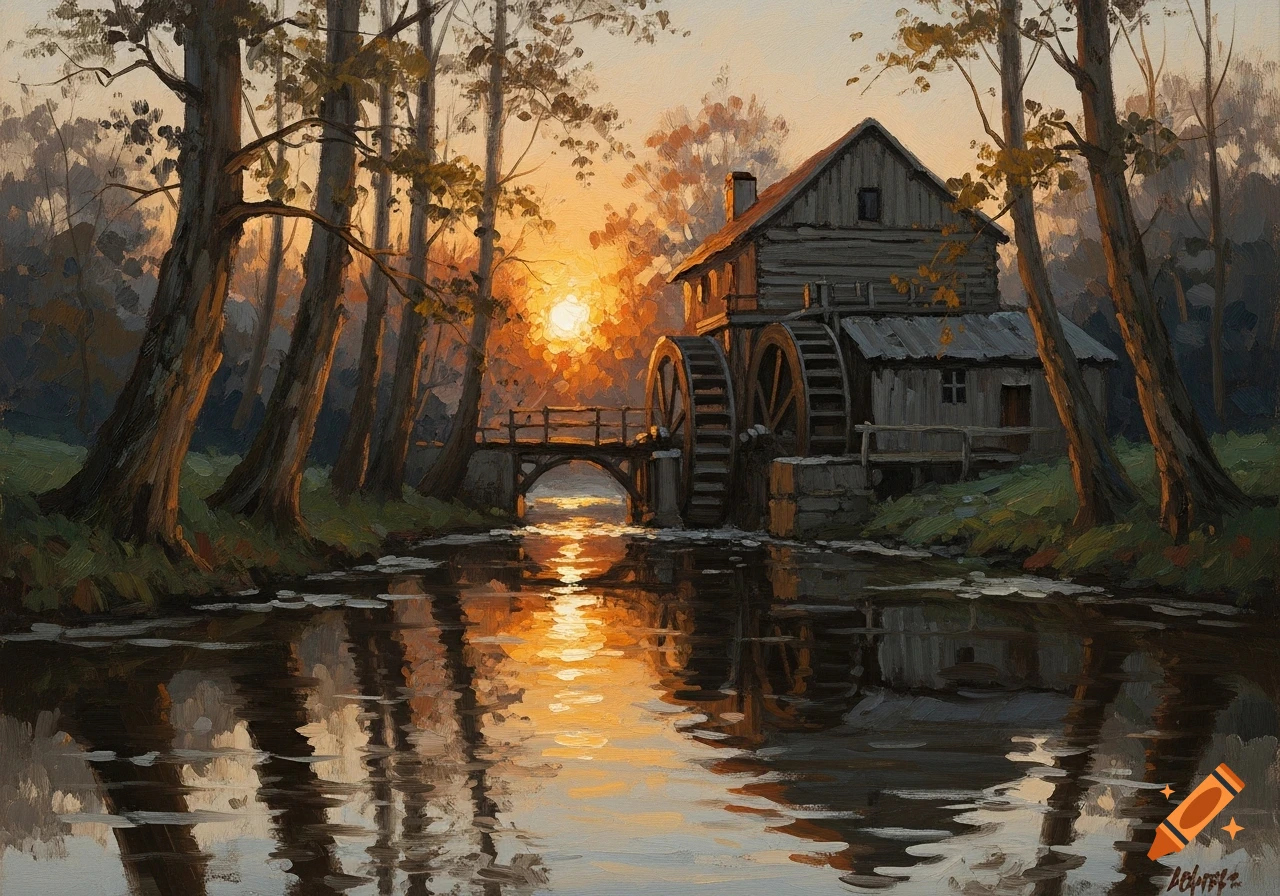 Oil painting of a rustic water mill with two waterwheels by a river at sunset, framed by trees with golden reflections on the water.