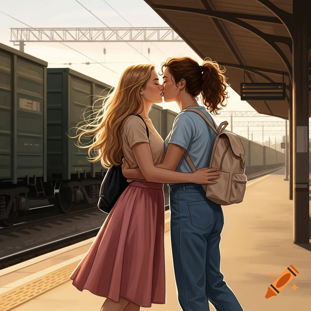 Two women with closed eyes kiss on a train station platform, with a freight train and overhead structures in the warm evening background. One has long blonde hair and wears a pink skirt and beige top; the other has brown curly hair in a ponytail, blue jeans, a light blue top, and a beige backpack.