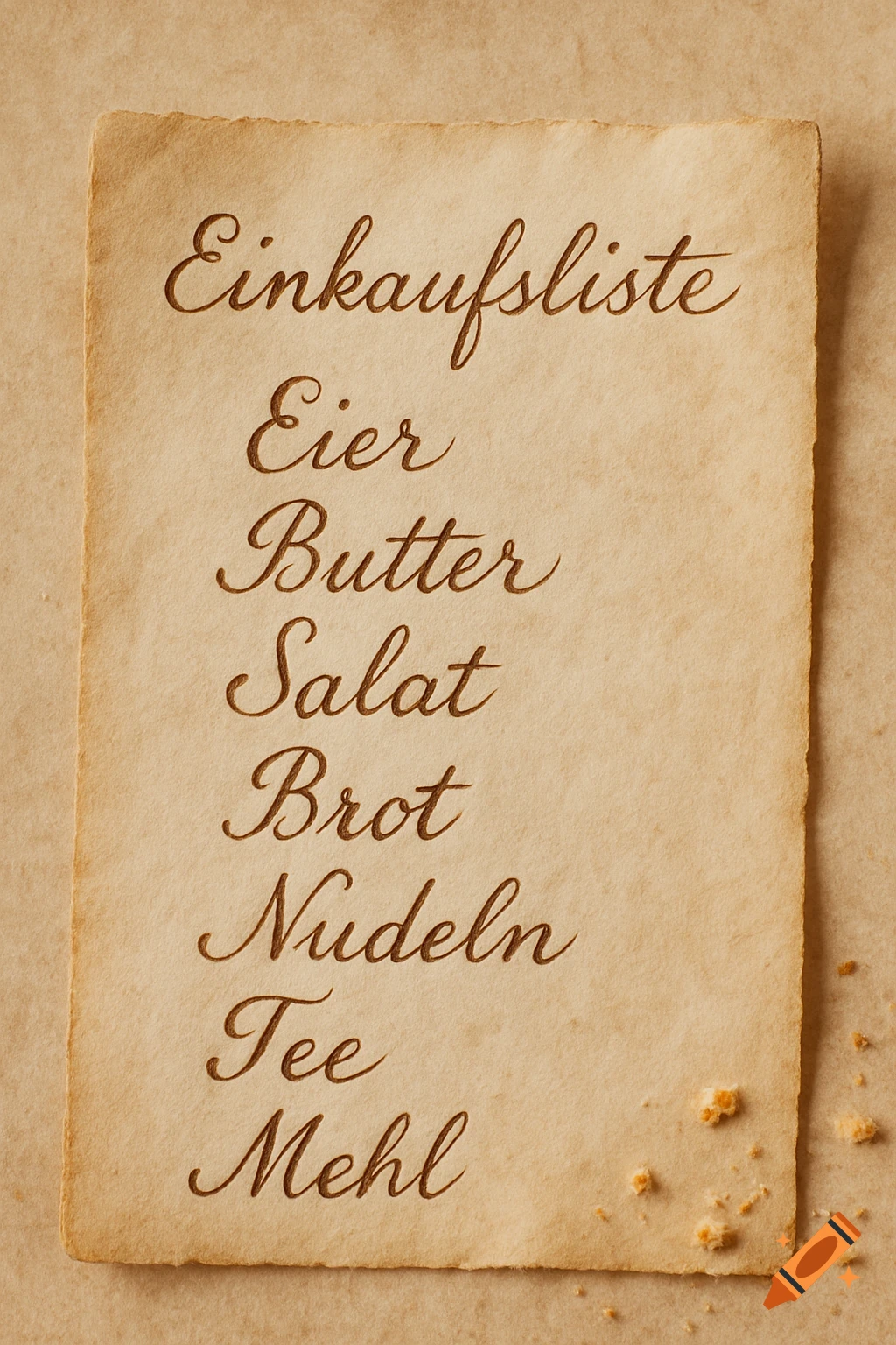 Vintage-style shopping list on crumpled paper, featuring German words like 'Einkaufsliste', 'Eier', 'Butter', and 'Salat' in cursive. Small crumbs are visible.
