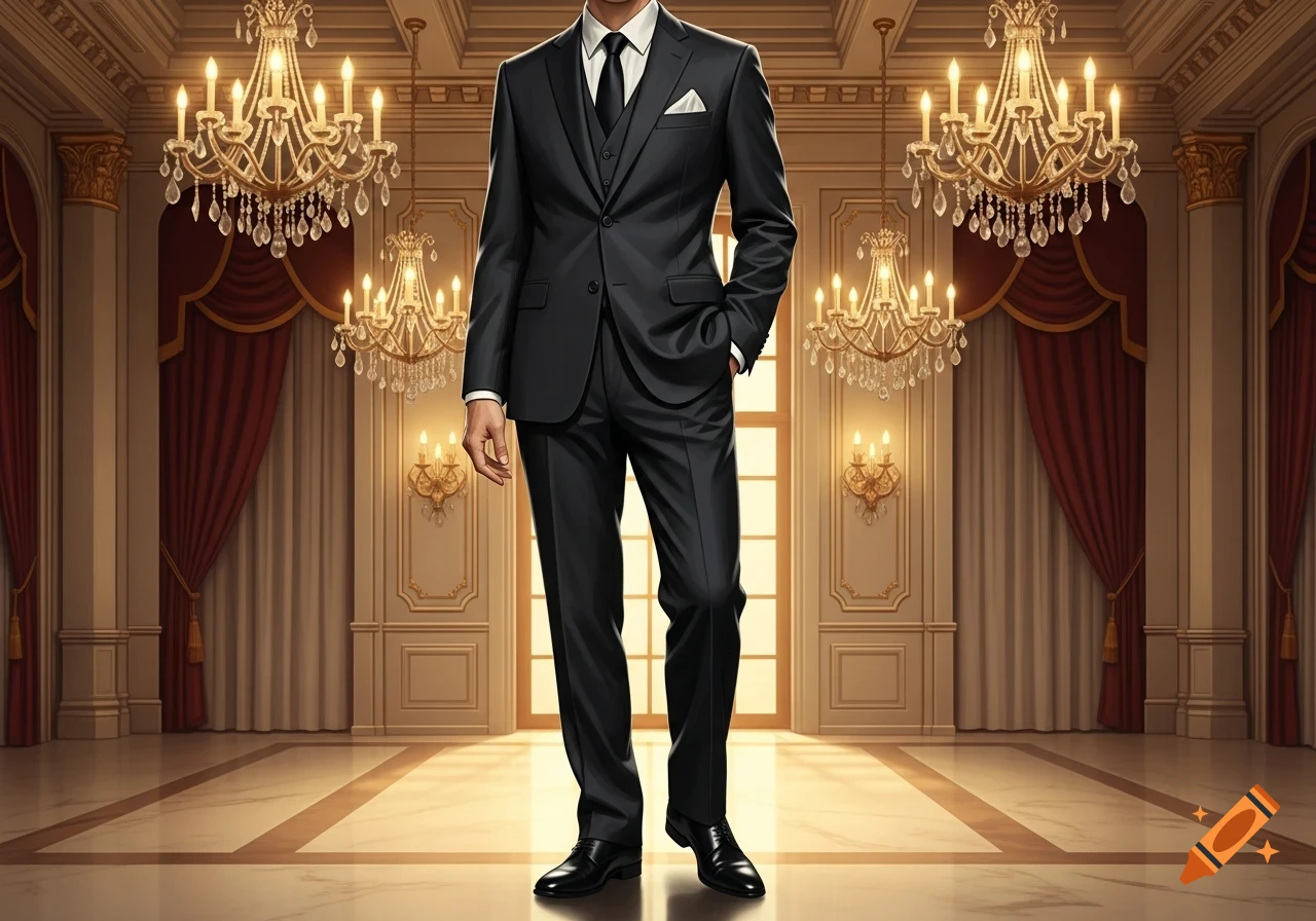 A person in a black suit, waistcoat, and tie stands in a luxurious ballroom with chandeliers and red curtains.