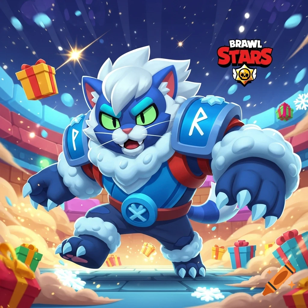 A blue and white stylized cat character in armor with green eyes, standing in a snowy arena with floating gifts, with the "Brawl Stars" logo in the corner.