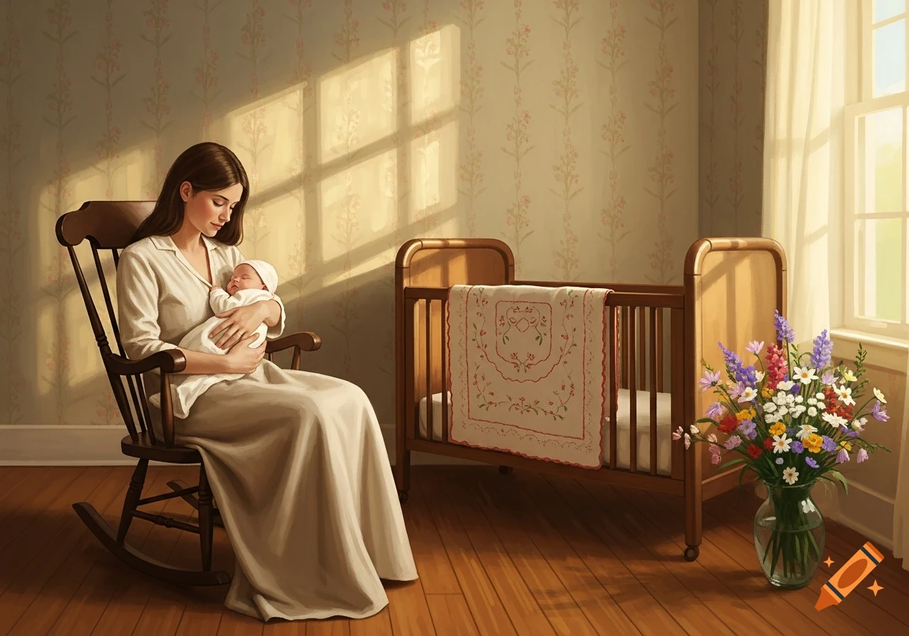 A mother gently holds her newborn baby in a rocking chair in a sunlit room next to a crib and a vase of flowers.