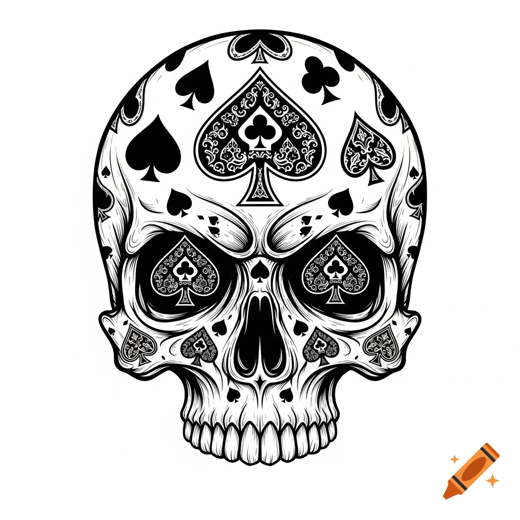 A black and white line art illustration of a stylized skull covered in spade and club playing card symbols.