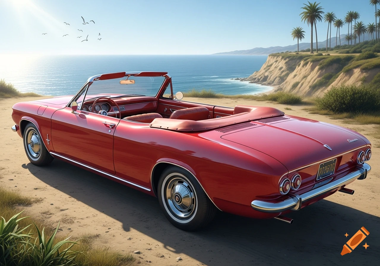 A red 1964 Corvair convertible is parked on a sandy bluff overlooking the ocean, with palm trees and cliffs in the background under a bright sunny sky.