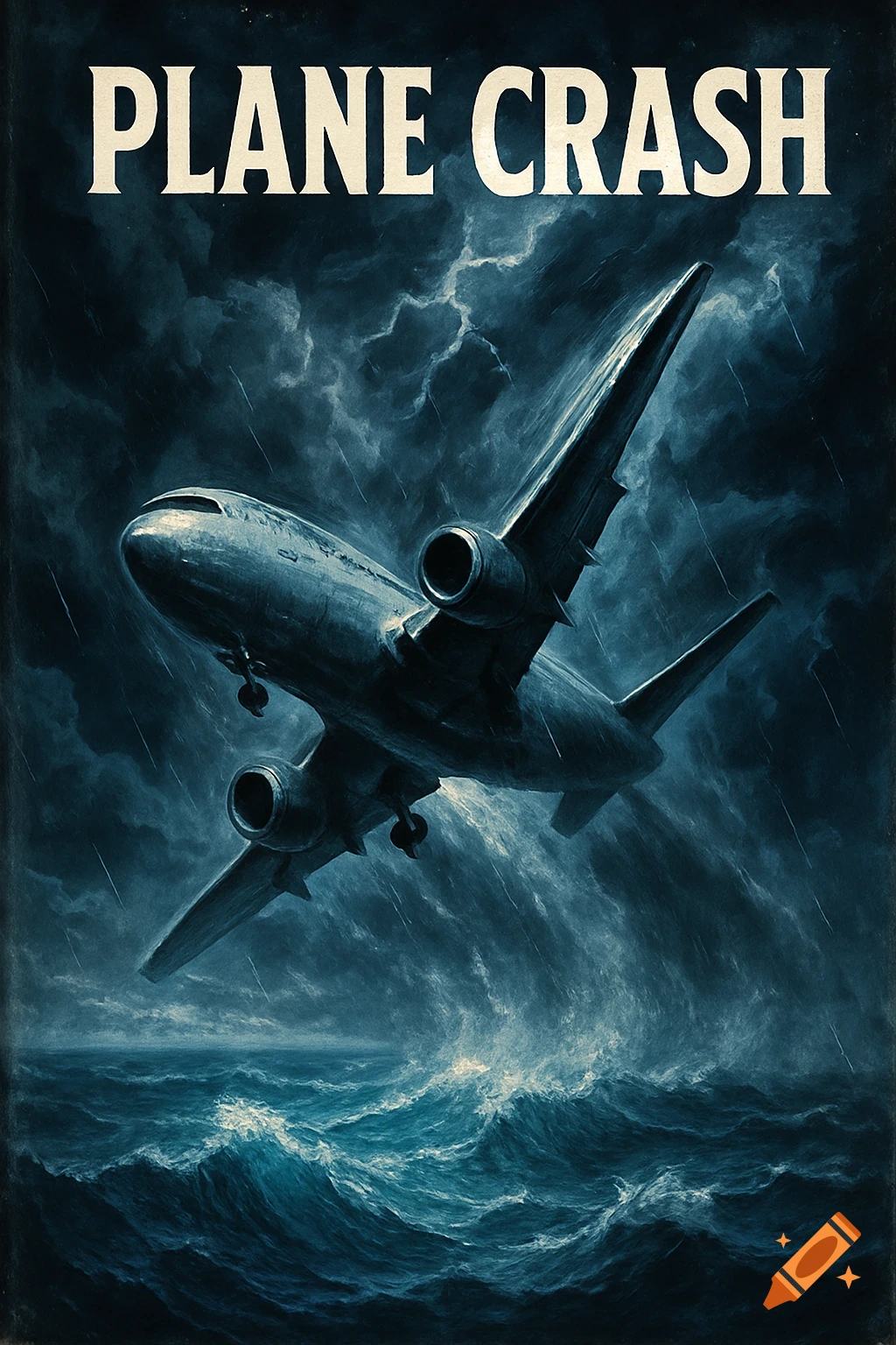 Book cover titled 'PLANE CRASH' showing a dark airplane descending into a stormy, churning ocean with lightning in the sky.