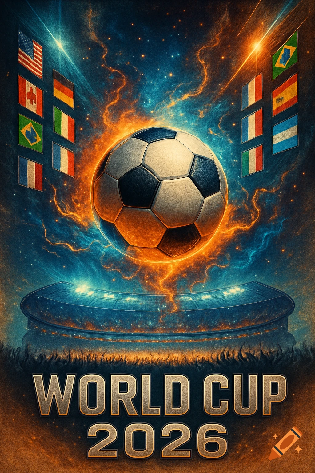 A vibrant World Cup 2026 poster featuring a glowing soccer ball above a stadium, surrounded by a cosmic, fiery background and international flags.