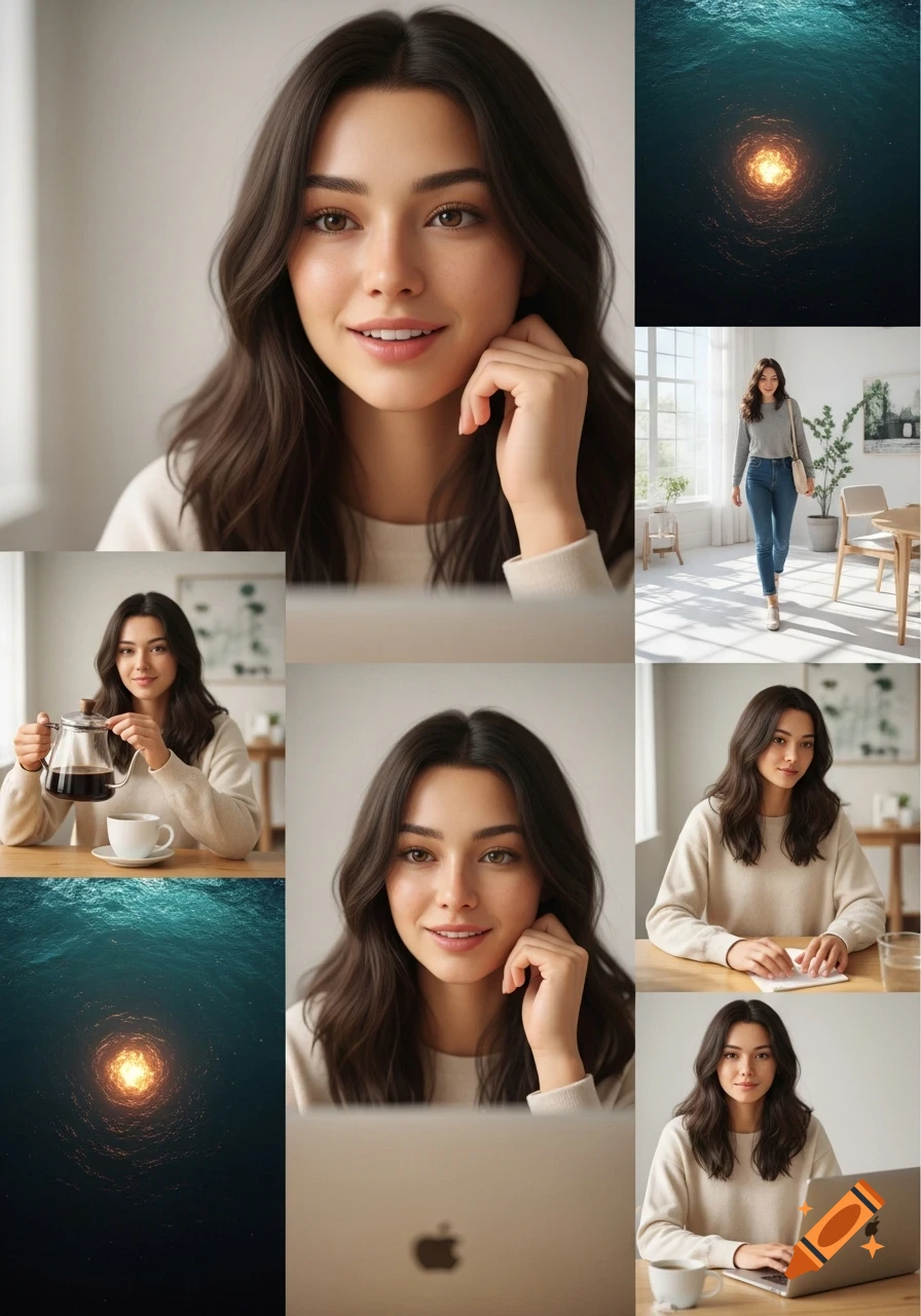 A grid of images of a young woman in a photorealistic style, showing close-up portraits, making coffee, walking, and working on a laptop, interspersed with abstract ocean and fire visuals.