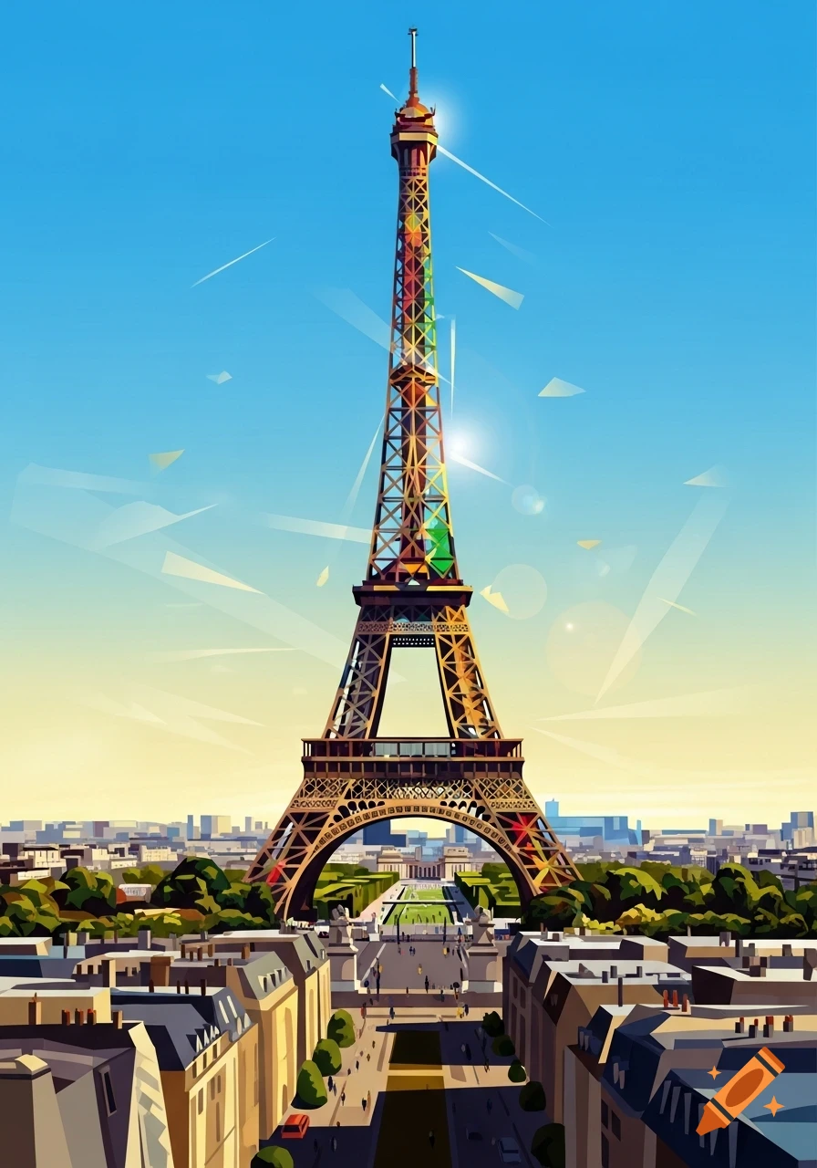 A vibrant cubist illustration of the Eiffel Tower rising above a Parisian cityscape under a bright sky, with abstract geometric elements.