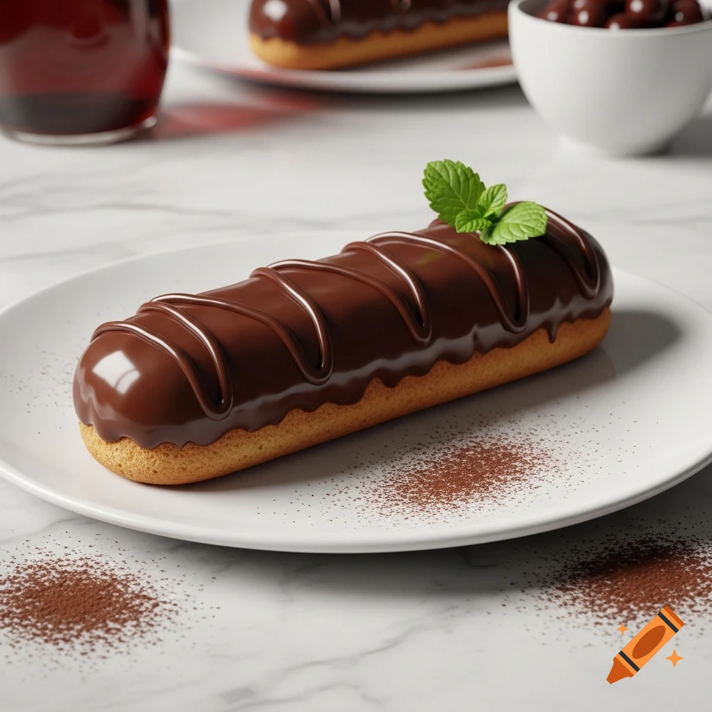 A chocolate eclair topped with a mint leaf on a white plate, sprinkled with cocoa powder on a marble table.