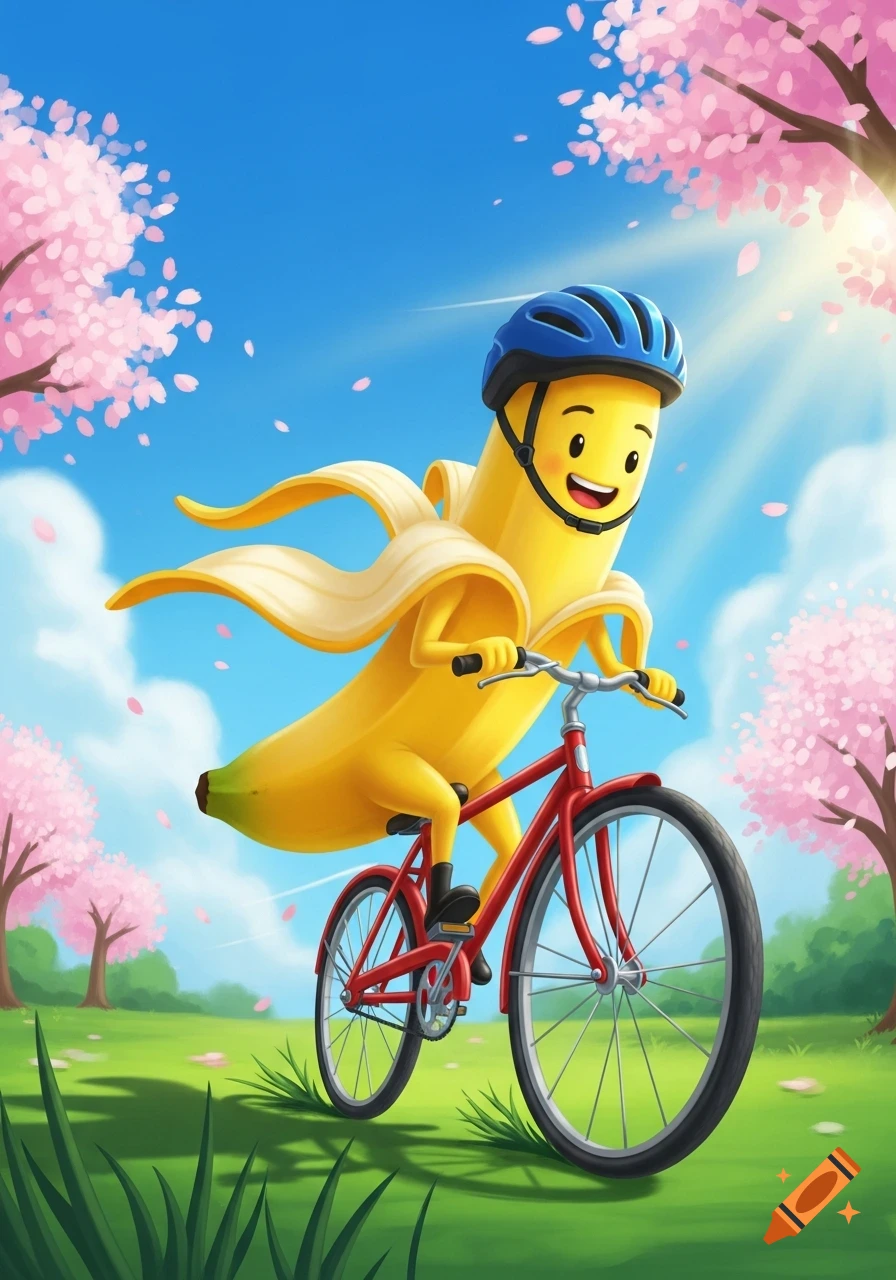 A cheerful cartoon banana wearing a blue helmet rides a red bicycle through a park with pink cherry blossom trees under a bright blue sky.