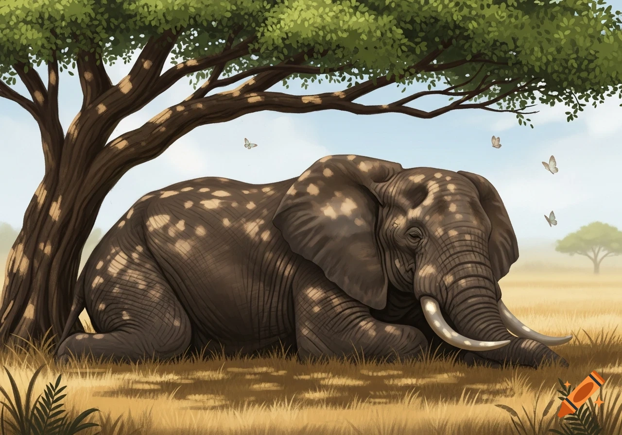 An illustrated elephant with large tusks rests under a leafy tree in a sunny savanna, with butterflies.