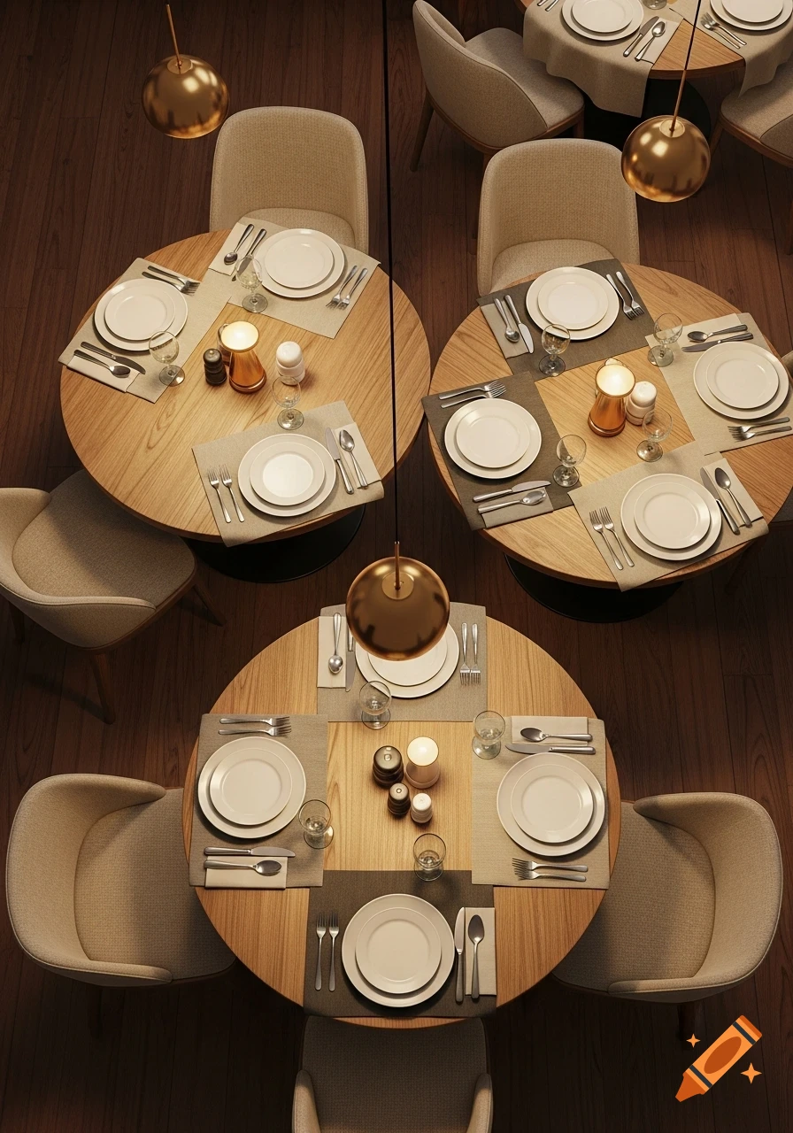 High-angle view of several set dining tables with chairs in a dimly lit restaurant, complete with place settings and gold pendant lights.