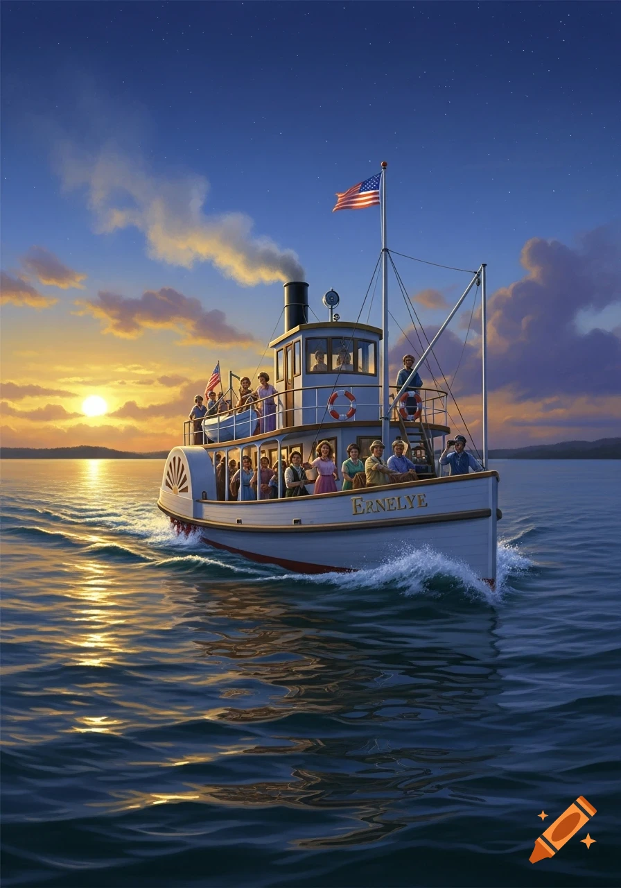 A charming illustration of a paddle steamer filled with people cruising on a lake during a vibrant sunset.
