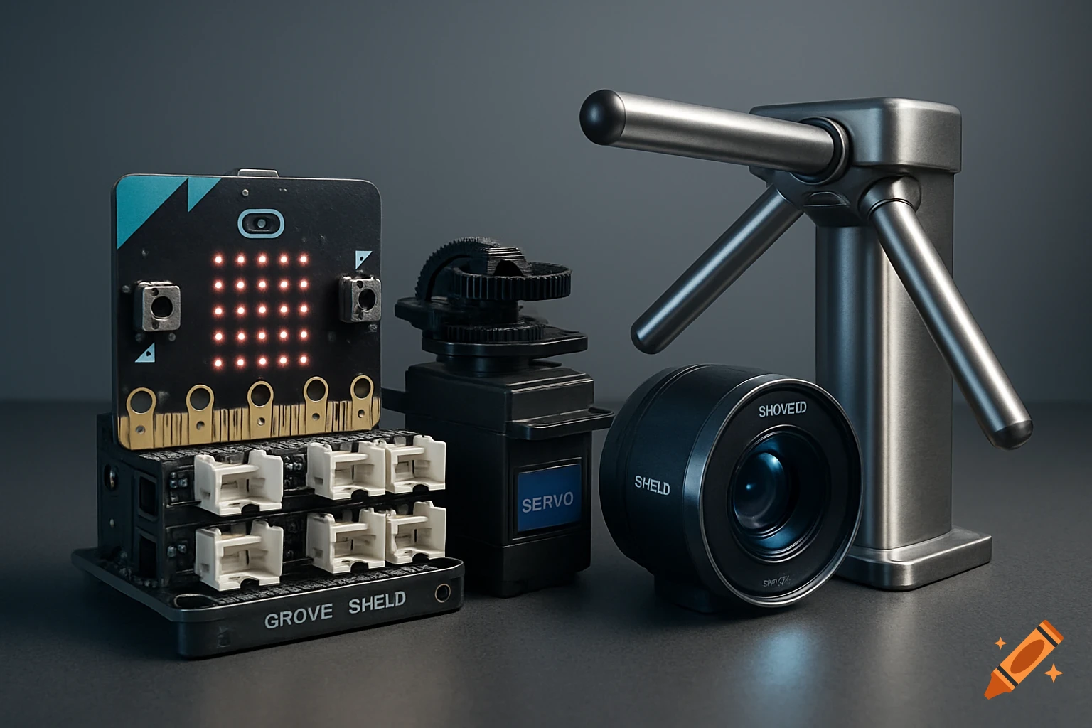 A photorealistic still life of a Micro:bit on a Grove Shield, a servo motor, a camera lens, and a metal turnstile on a dark background.