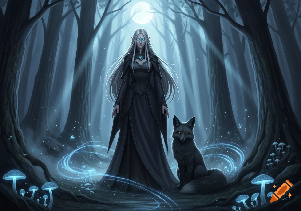 An elf witch with long white hair and a black fox familiar stands in a dark, mystical forest with glowing blue mushrooms under a full moon. Digital art.