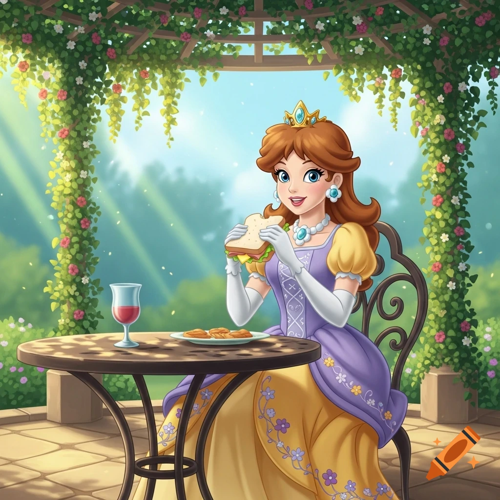 Cartoon princess with brown hair and a purple and yellow dress eating a sandwich at a table under a flowering trellis in a garden.