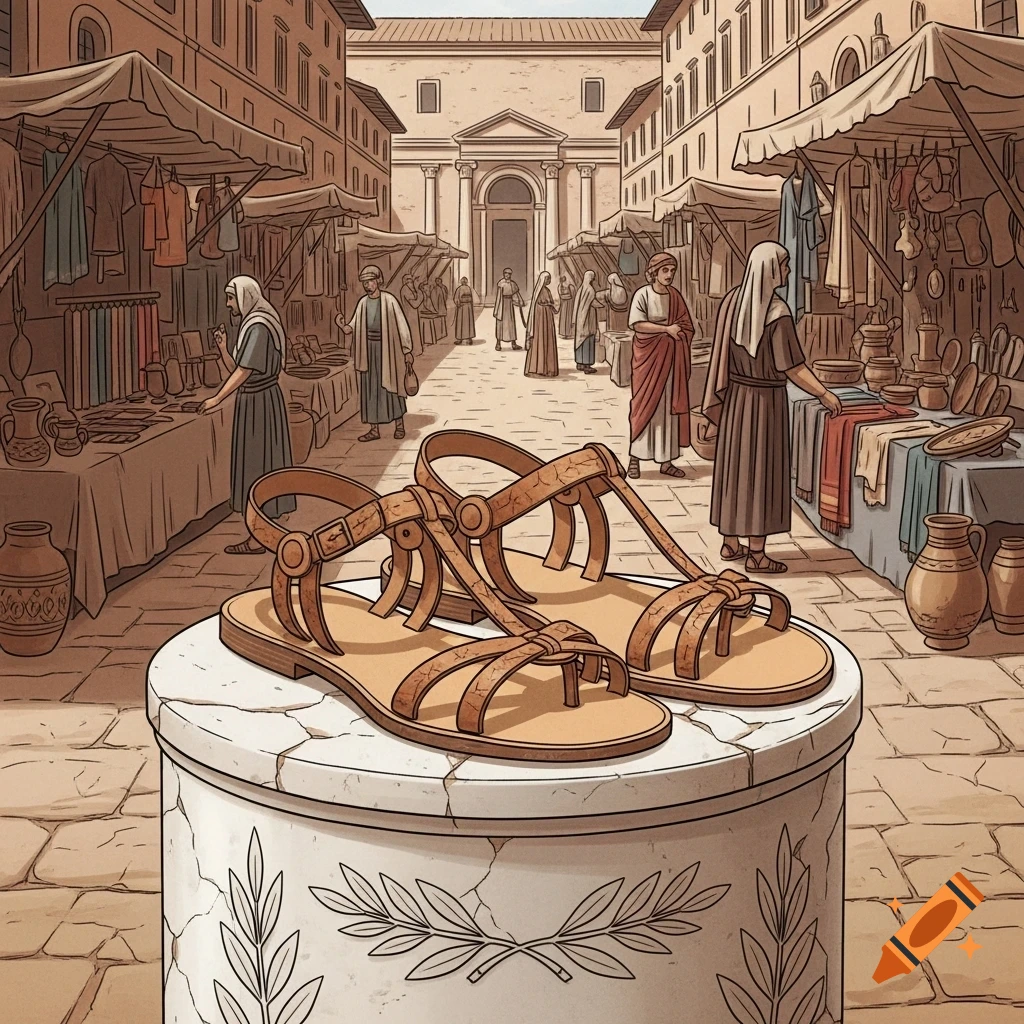 An illustration of Roman leather sandals on a marble pedestal, set in an ancient marketplace.