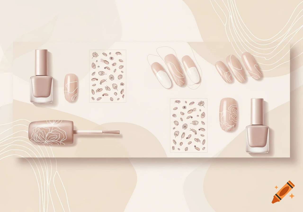 Minimalist beauty banner with nude and cream nail polish bottles, artificial nails, and floral nail art stickers.