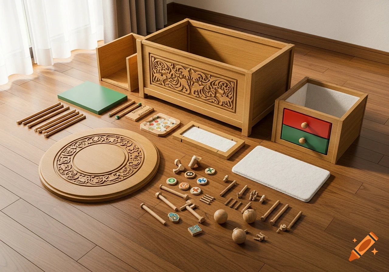 Disassembled wooden toy box with carved and plain components, including a main chest and drawers, laid out on a wooden floor.