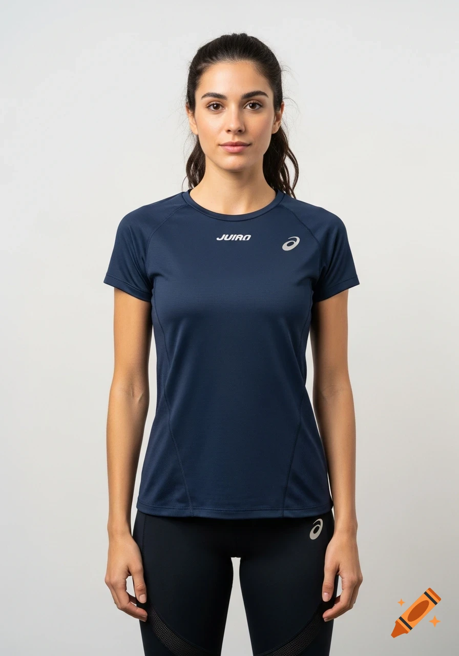 Photorealistic portrait of a woman in a navy blue running shirt and black leggings on a white background.