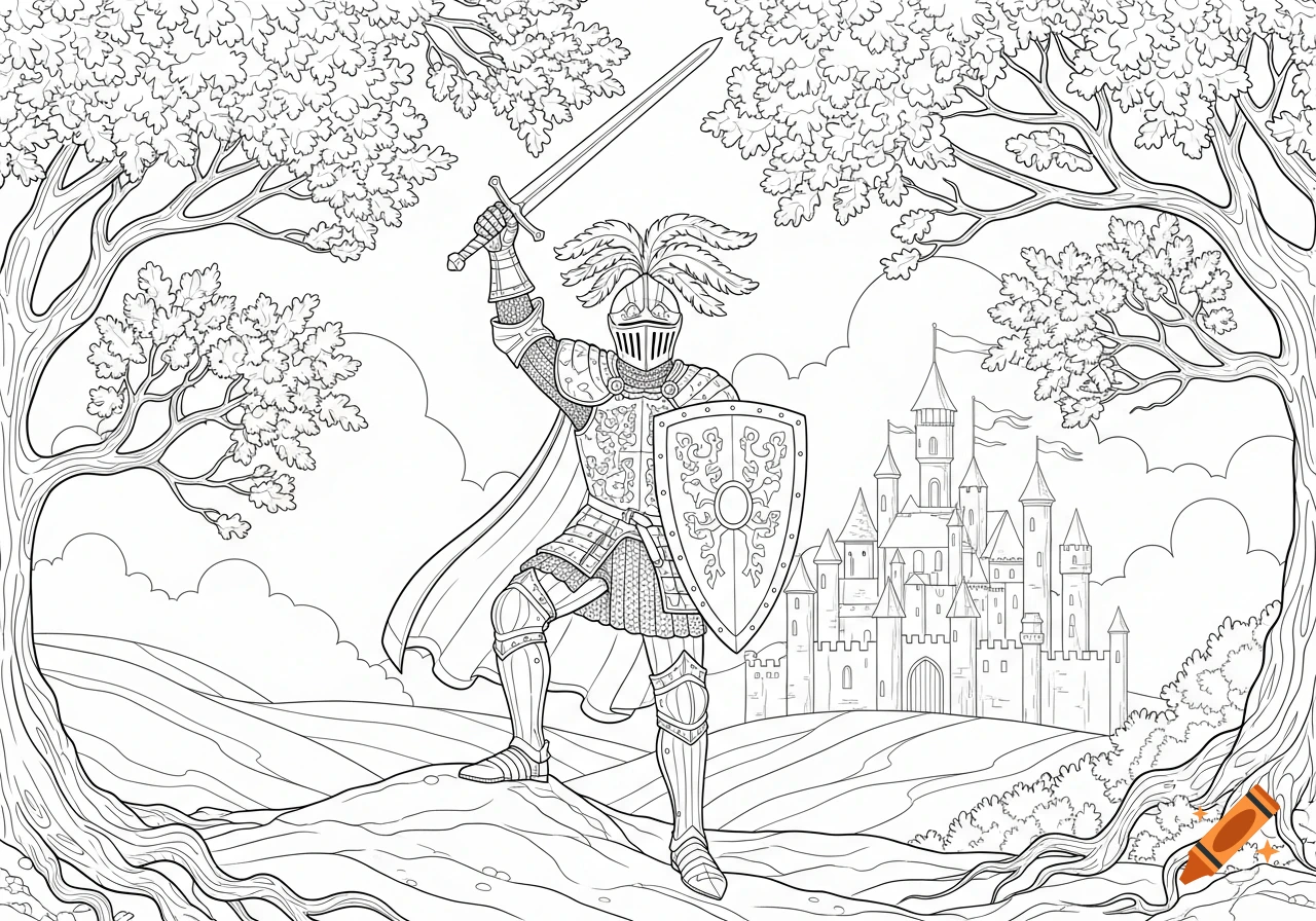 Line art coloring page of a knight in full armor raising a sword and holding a shield, with a castle and trees.