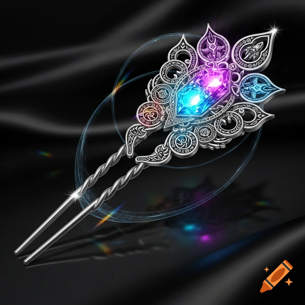 A stylized silver hairpin featuring an ornate, lotus-like design with a large glowing blue and purple jewel at its center, surrounded by intricate carvings and smaller glowing details, set against a dark, silky background.