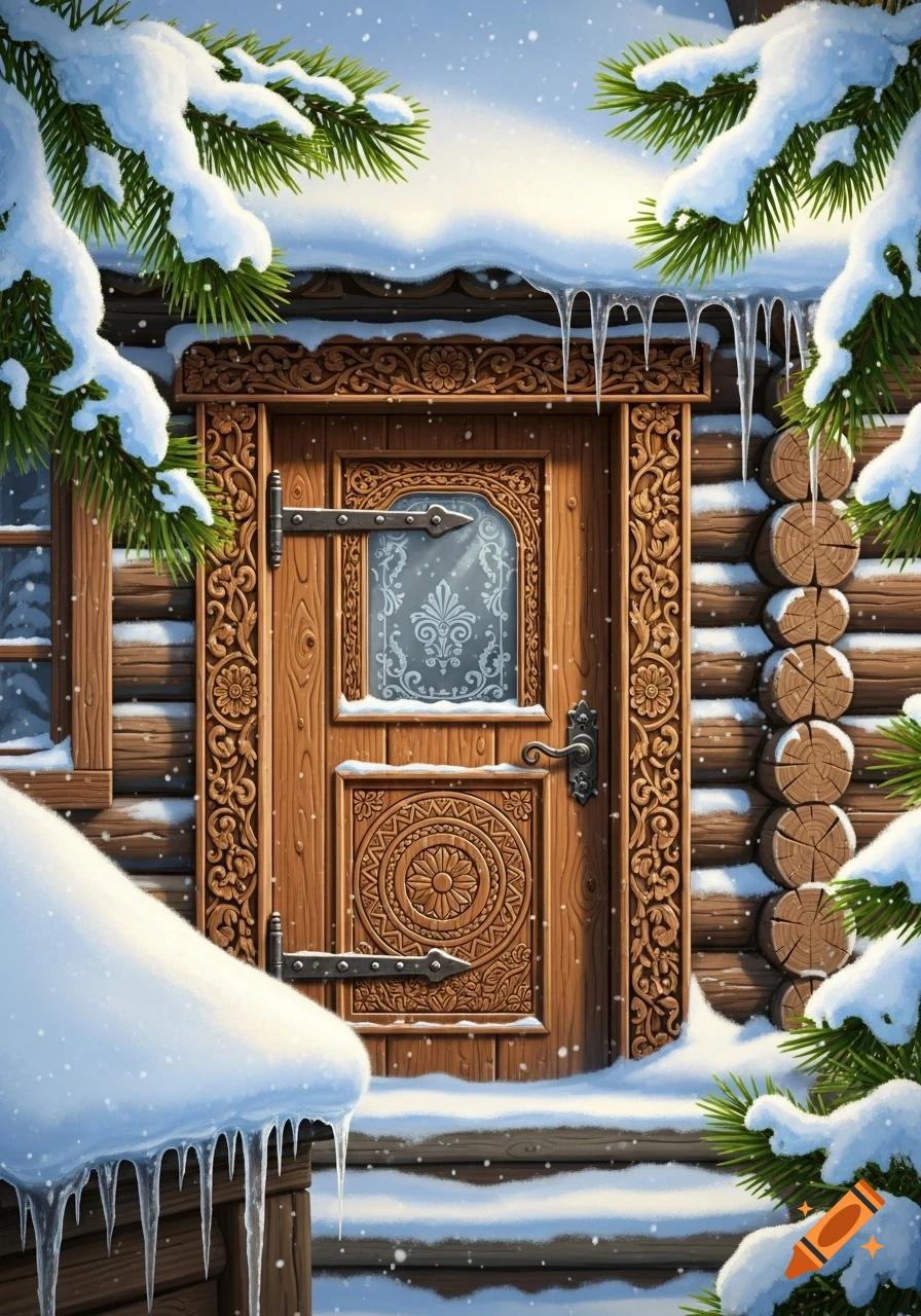 A beautifully carved wooden door on a snow-covered log cabin, surrounded by pine branches and icicles under a clear winter sky.