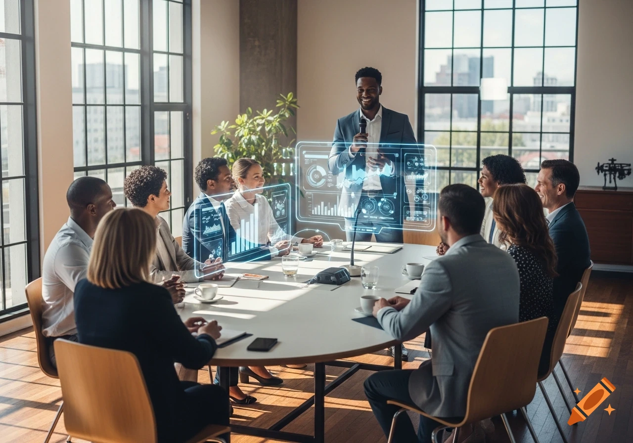 Diverse professionals in a modern meeting room, a man presenting with a microphone and holographic data displays.