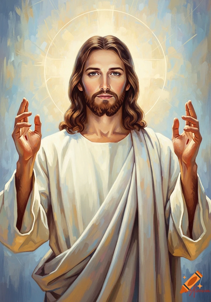 A colorful impressionistic portrait of Jesus Christ with a halo, wearing a white robe, with both hands raised in blessing.