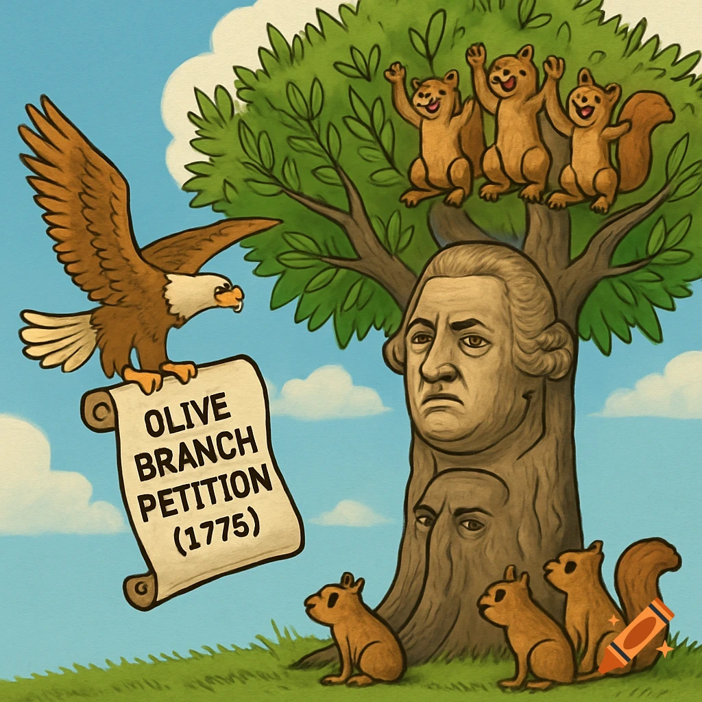 Cartoon of an eagle holding an 'Olive Branch Petition (1775)' scroll flying towards a tree with George Washington's face and squirrels.
