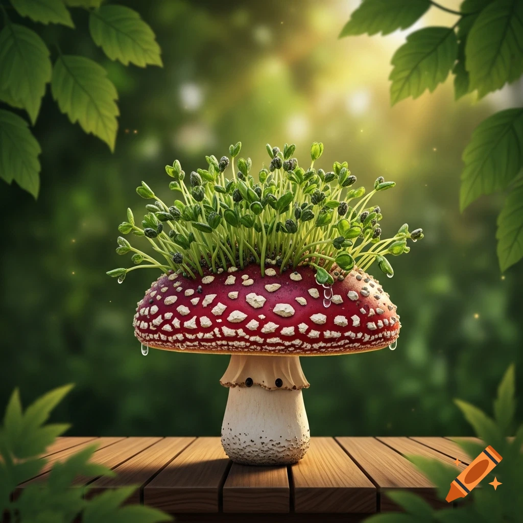 A whimsical mushroom with tiny green sprouts growing from its red and white spotted cap, resembling a chia pet, stands on a wooden table outdoors.