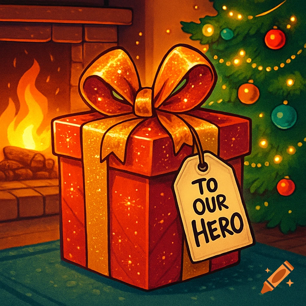 A cartoon red gift box with a glittery gold bow and a "TO OUR HERO" tag sits on a rug in front of a fireplace with a lit Christmas tree.