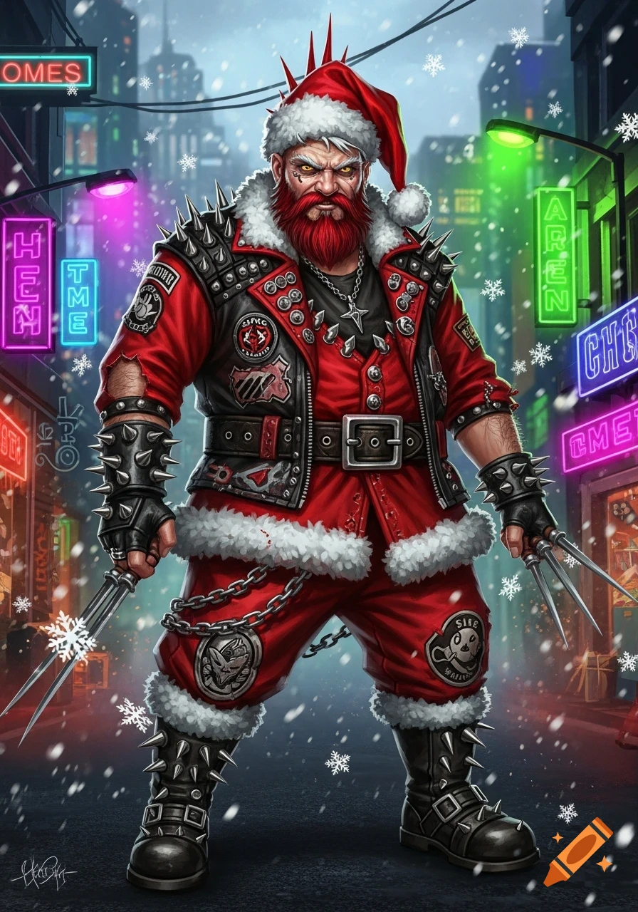 A punk Santa Claus with a red mohawk and beard, wearing a spiked leather jacket and holding claws, stands in a snowy city street at night.