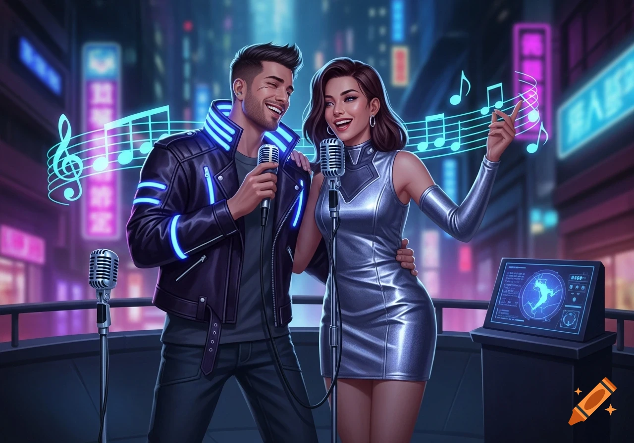 A man and woman sing karaoke on a stage, with a vibrant cyberpunk city background illuminated by blue and purple neon lights.