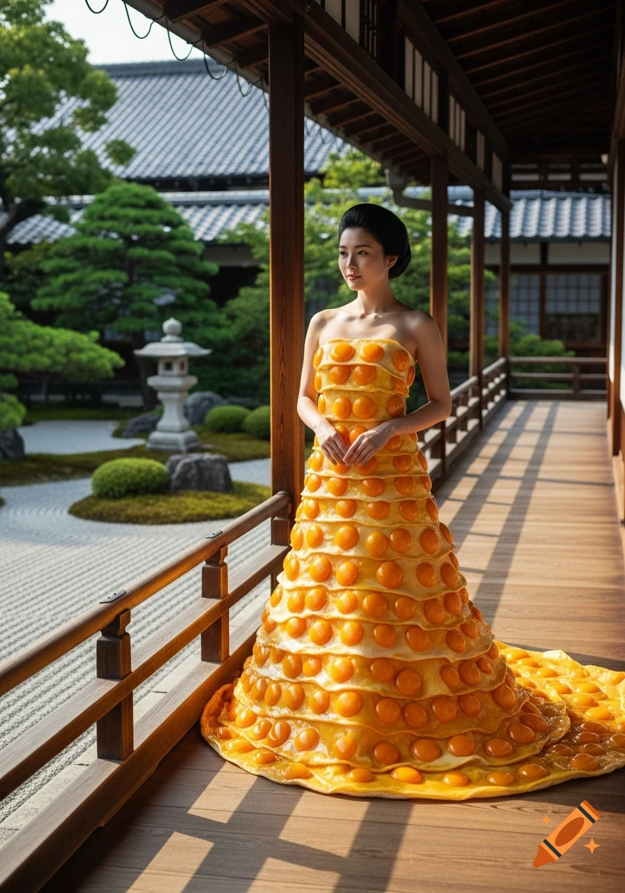 A Japanese woman in a unique, strapless dress made of layered egg yolks stands on a wooden veranda overlooking a traditional Japanese garden.